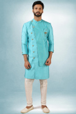 Plain And Printed Art Silk Sky Blue Men's Sherwani