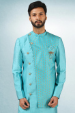 Plain And Printed Art Silk Sky Blue Men's Sherwani