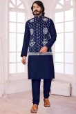 Plain Art Silk Navy Blue Men's Kurta Pajama