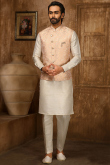 Plain Art Silk Peach Men's Kurta Pajama With Jacket