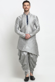 Plain Asymmetric Dupion Silk Light Grey Men's Dhoti Kurta 