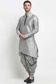 Plain Asymmetric Dupion Silk Light Grey Men's Dhoti Kurta 