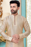 Plain Beige Dupion Silk Men Kurta 