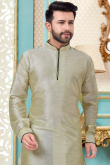 Plain Beige Dupion Silk Men Kurta Pajama
