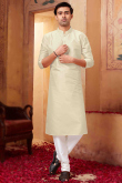 Beige Straight Cut Poly Silk Men Kurta Pajama for Party 