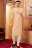 Beige Traditional Poly Silk Men Kurta Pajama for Party 