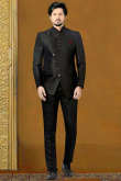 Plain Black Terry Rayon Asymmetric Jodhpuri Style Men's Coat Pant