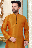 Plain Carrot Orange Dupion Silk Men Kurta Pajama