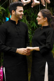 Plain Cotton Black Casual Wear Couple's Outfit 