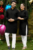Plain Cotton Black Casual Wear Couple's Outfit 