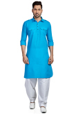 Plain Cotton Sky Blue Men Kurta Pajama