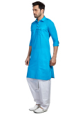 Plain Cotton Sky Blue Men Kurta Pajama