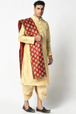 Plain Cream Dupion Silk Men Dhoti Kurta With Red Printed Dupatta