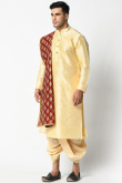 Plain Cream Dupion Silk Men Dhoti Kurta With Red Printed Dupatta