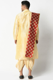 Plain Cream Dupion Silk Men Dhoti Kurta With Red Printed Dupatta
