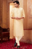 Plain Cream Poly Silk Men Kurta With Churidar