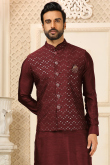 Plain Dark Maroon Dupion Silk Jacket Style Men's Kurta Pajama 