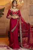 Plain Deep Red Net Saree With Embroidered Blouse