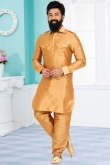 Plain Dupion Silk Chikko Brown Men Kurta Pajama