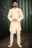 Plain Dupion Silk Cream Beige Men's Sherwani