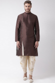 Plain Dupion Silk Dark Brown Men's Kurta Dhoti