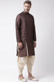 Plain Dupion Silk Dark Brown Men's Kurta Dhoti