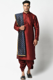 Plain Dupion Silk Dark Maroon Men Dhoti Kurta With Printed Dupatta