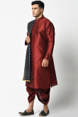 Plain Dupion Silk Dark Maroon Men Dhoti Kurta With Printed Dupatta
