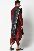 Plain Dupion Silk Dark Maroon Men Dhoti Kurta With Printed Dupatta