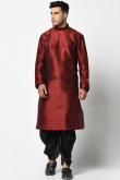 Plain Dupion Silk Dark Maroon Men Kurta With Dhoti
