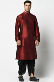 Plain Dupion Silk Dark Maroon Men Kurta With Dhoti