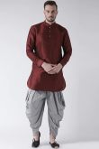 Plain Dupion Silk Dark Maroon Men's Dhoti Kurta 