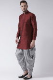 Plain Dupion Silk Dark Maroon Men's Dhoti Kurta 