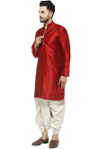 Plain Dupion Silk Deep Red Men Dhoti Kurta