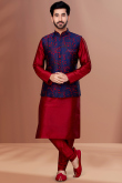 Plain Dupion Silk Deep Red Men Kurta Pajama