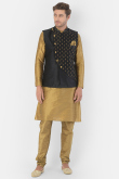 Gold Jacket Style Party Wear Men Kurta Pajama in Dupion Silk