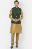 Plain Dupion Silk Gold Men Kurta Churidar With Green Printed Jacket