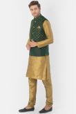 Plain Dupion Silk Gold Men Kurta Churidar With Green Printed Jacket
