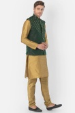 Plain Dupion Silk Gold Men Kurta Churidar With Green Printed Jacket