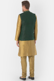 Plain Dupion Silk Gold Men Kurta Churidar With Green Printed Jacket