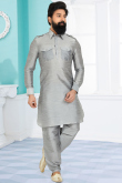 Plain Dupion Silk Light Grey Men Kurta Pajama