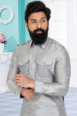 Plain Dupion Silk Light Grey Men Kurta Pajama