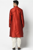Plain Dupion Silk Maroon Men Kurta With Off White Dhoti