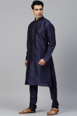 Plain Dupion Silk Navy Blue Men Kurta Pajama for Wedding & Party