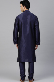 Plain Dupion Silk Navy Blue Men Kurta Pajama for Wedding & Party
