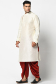 Plain Dupion Silk Off White Men Kurta With Maroon Dhoti