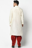 Plain Dupion Silk Off White Men Kurta With Maroon Dhoti
