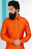 Plain Dupion Silk Orange Men Kurta Pajama