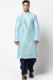 Plain Dupion Silk Powder Blue Men Kurta With Dhoti