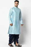 Plain Dupion Silk Powder Blue Men Kurta With Dhoti